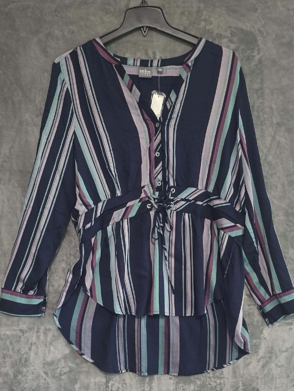 New! New York And Co. Navy Striped Tie-Waist Tunic with Purple and Mint Accents